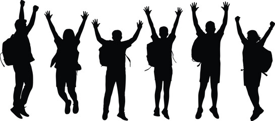 Jumping, silhouette, backpack, students, travelers, celebration, energy, movement, posture, vector, black, white, youth, freedom, excitement, gesture, illustration, template, design, concept