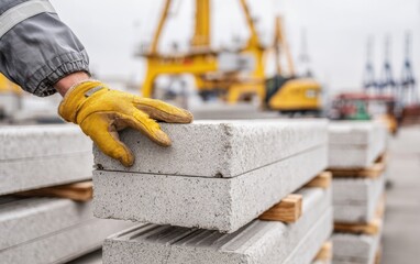 Stacked precast concrete fence panels on pallets at a construction site ready for transport and installation