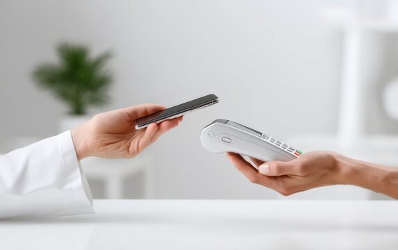 Person using smartphone to interact with a payment terminal in a bright, modern setting