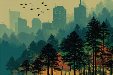Misty City Skyline with Forest Silhouette in Golden Light