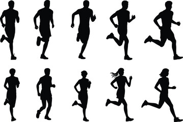 Running, silhouette, people, posture, stride, movement, gesture, dynamic, walking, jogging, sprinting, vector, black, white, design, illustration, template, concept, motion, athletic