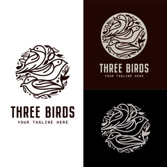 Three little birds artistic doodle with branches leaves floral ornament logo design