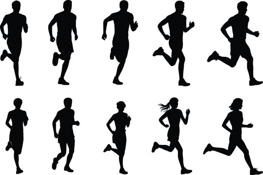 Running, silhouette, people, posture, stride, movement, gesture, dynamic, walking, jogging, sprinting, vector, black, white, design, illustration, template, concept, motion, athletic