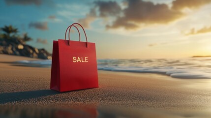 Red Shopping Bag on Beach During Sunset with Sale Message