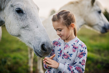 Little girl bonding with white horse during equine assisted therapy. Connection and emotional...