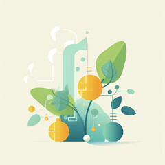 Abstract botanical illustration isolated on white background, featuring stylized leaves, fruits, and geometric shapes in a modern and vibrant composition