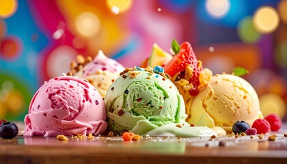 Delicious Ice Cream Variety Close-Up of Colorful Scoops with Toppings