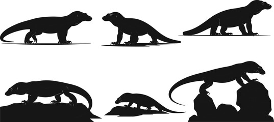 Komodo Dragon Silhouette Vector Set in Dynamic Poses and Terrain, Wildlife Reptile Illustration for Nature, Zoology, and Stock Use
