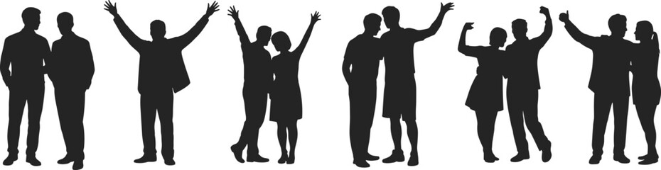 Silhouette, people, pairs, interaction, gesture, posture, standing, celebration, selfie, friendship, emotion, vector, black, white, design, illustration, template, concept, connection, group