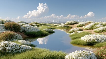 Urban wetland with ponds and wildflowers showcasing nature amidst city skyline on a clear day