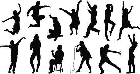 Silhouette, people, pose, movement, dancing, jumping, singing, sitting, gesture, posture, performance, vector, black, white, design, illustration, template, expressive, dynamic, concept