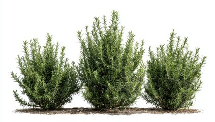 Fototapeta premium Three lush green evergreen bushes growing outdoors with textured ground detail