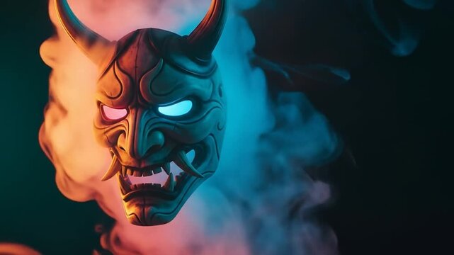 Hannya Mask Evil Demonic Ghost Japanese Folklore Horned Devil with Glowing Eyes and Smoke.