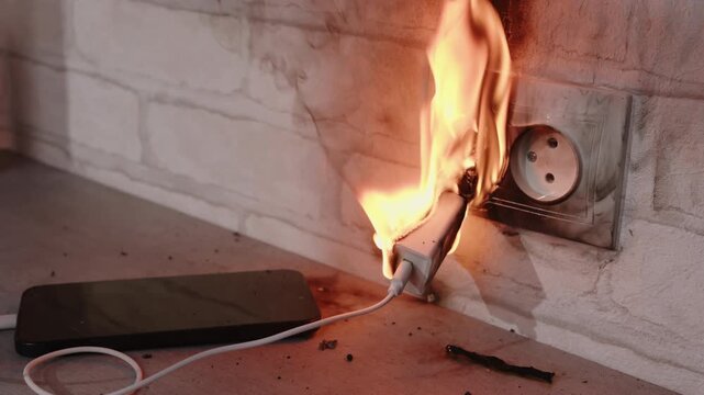 Phone charger is on fire and melting in electrical outlet while charging smartphone battery close-up