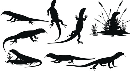 Silhouette monitor lizards walking, swimming, resting—black and white vector illustration of reptiles for nature, wildlife, swamp animal concept