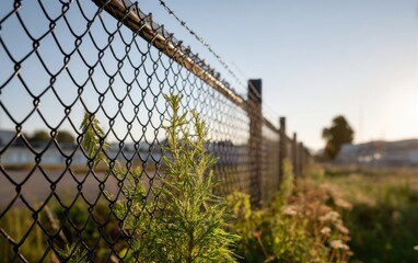 Black powder-coated steel mesh fence with V-shaped design in a tranquil outdoor setting during golden hour