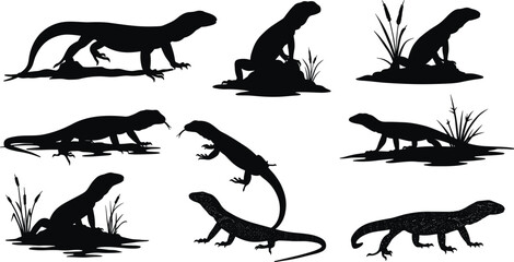 Silhouette lizards crawling, climbing, standing—black and white vector illustration of reptiles in grass and rocky terrain for wildlife concept