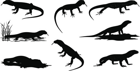 Silhouette monitor lizards walking, swimming, resting—black and white vector illustration of reptiles for wildlife, nature, swamp animal concept