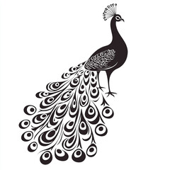 Striking peacock silhouette isolated on white background, featuring intricate feather patterns and a regal pose, ideal for graphic design and artistic projects