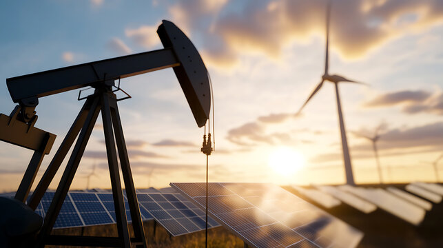 Energy transition illustrated with an oil pump, solar panels, and wind turbines against a sunset. Symbolizing the shift from fossil fuels to renewable energy sources. - Powered by Adobe