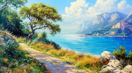 Idyllic coastal landscape painting, showcasing a tranquil bay with mountains, lush greenery, and a serene path, capturing the essence of natural beauty