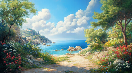 A scenic coastal path leads to the turquoise sea, framed by lush greenery and a clear blue sky with fluffy clouds, inviting exploration and tranquility