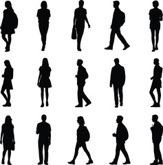 Silhouette, people, walking, standing, posture, gesture, casual, movement, phone, bag, interaction, vector, black, white, design, illustration, template, concept, everyday, behavior