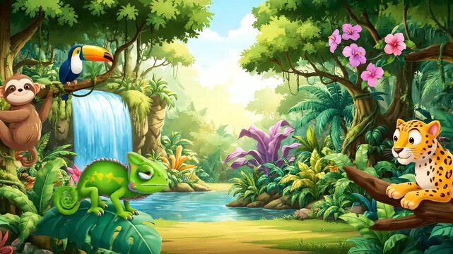 Cartoon jungle scene depicting wildlife and lush vegetation