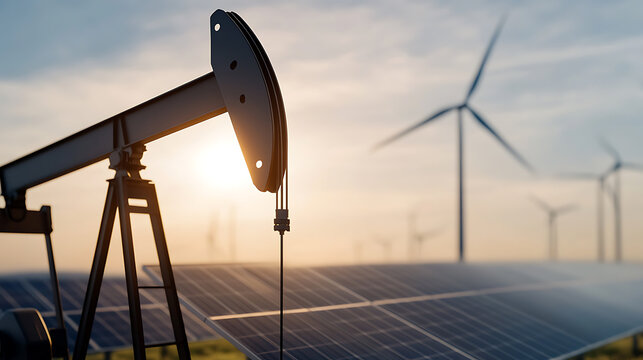 Exploring energy's future: Oil pump, solar panels, and wind turbines symbolize a transition. Embracing both traditional and renewable sources for a sustainable world.