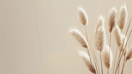 Closeup of delicate bunny tail grass against a soft beige backdrop, evoking a sense of calm and natural beauty in a minimalist composition