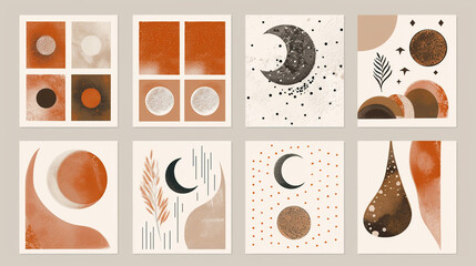Collection of eight abstract boho art prints featuring geometric shapes, moons, and earthy tones, perfect for adding a modern and artistic touch to any space