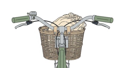 Front view of a bicycle with a wicker basket filled with a light-colored blanket, set against a clean white background.