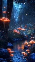 Bioluminescent fungi illuminate a mysterious dark forest floor with ethereal orange glow