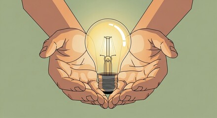 Hands Gently Cradle a Glowing Light Bulb, Symbolizing Innovation and Care.