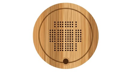 Minimalist circular wooden design with perforated cross pattern and single dot.