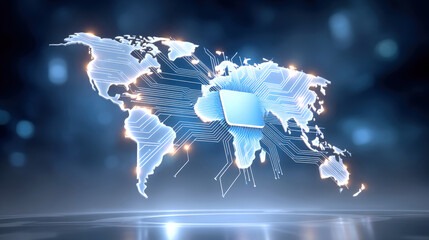 Holographic world map illuminated by neural circuit lines and glowing connections centered on microchip, conveying global network infrastructure and digital data flow with futuristic energy
