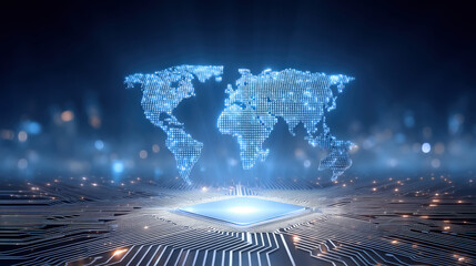 Digital circuit board platform projecting holographic world map of illuminated data points, conveying global network connectivity and advanced technology innovation