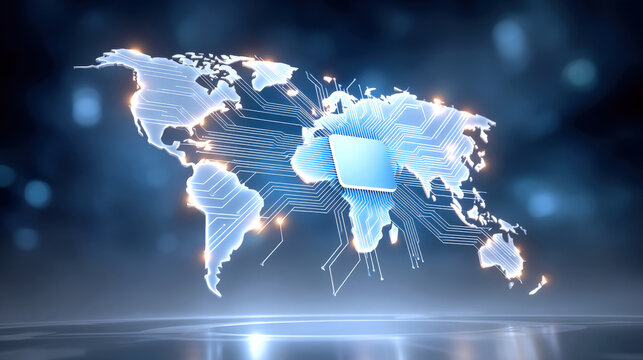 Holographic world map illuminated by neural circuit lines and glowing connections centered on microchip, conveying global network infrastructure and digital data flow with futuristic energy