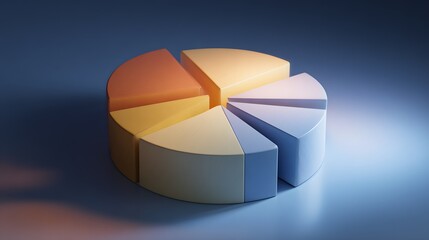 Obraz premium Three dimensional circular chart composed of multicolored segments rests on a reflective surface