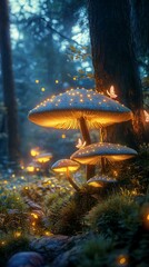 Enchanting bioluminescent mushrooms illuminate a mystical forest floor at twilight with ethereal glow
