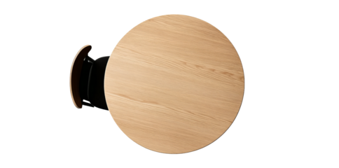 overhead view of a black circular table with dark green plants in the center, surrounded by  chairs arranged around it, set against an isolated white background. the scene is captured from ab