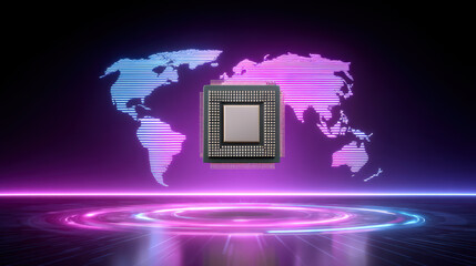 Neon processor hovering above glowing digital world map, futuristic chip levitating over illuminated circular platform conveying global connectivity and advanced technology
