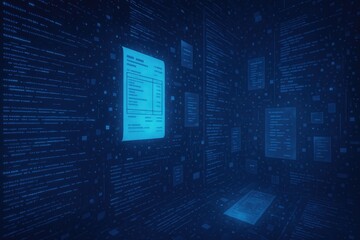 Digital data invoice processing on glowing abstract code background, financial records