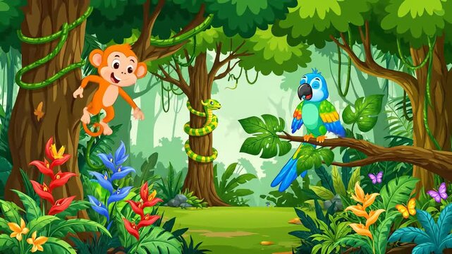 Cartoon jungle scene with monkey parrot and snake in lush vegetation