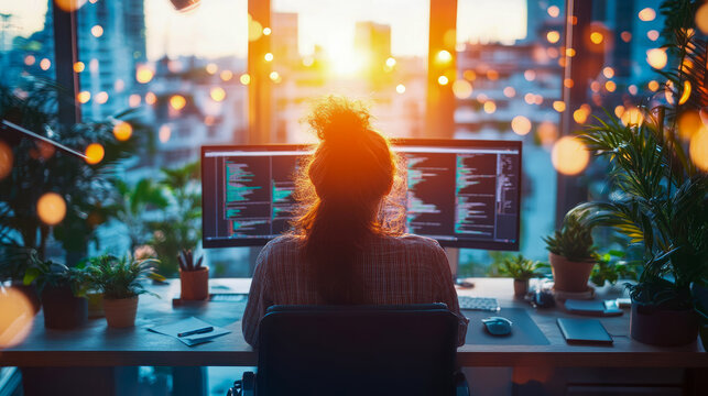 Back view of female software developer coding on multiple monitors at vibrant home office desk, surrounded by plants, bathed in golden glow of city sunset with shimmering bokeh lights