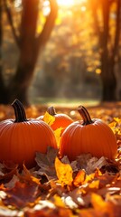 Two bright orange pumpkins rest on a bed of fallen autumn leaves bathed in warm sunlight