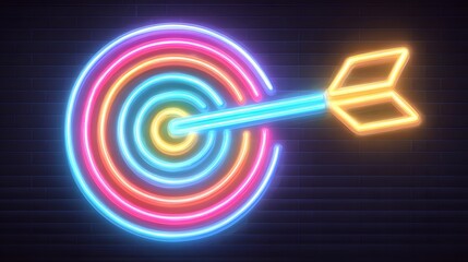 Illuminated neon sign displays an arrow striking the bullseye of a concentric target against a dark brick wall background