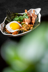 A close-up shot of a white bowl filled with fried rice, topped with a sunny-side-up egg, two meat skewers, cilantro, and served on a dark background.
