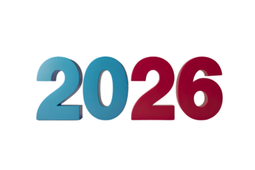 Bold 3d numbers 2026 in gradient blue and red colors showing future year isolated on transparent background