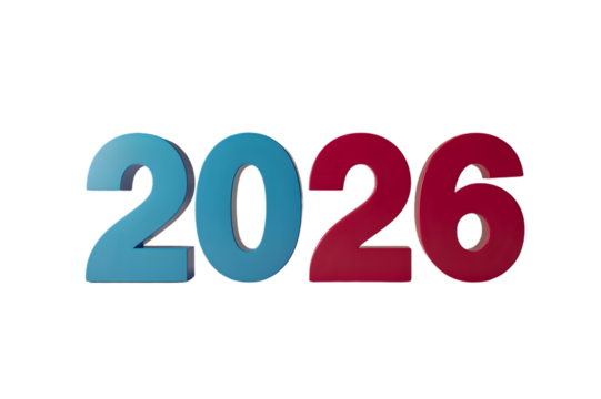 Bold 3d numbers 2026 in gradient blue and red colors showing future year isolated on transparent background